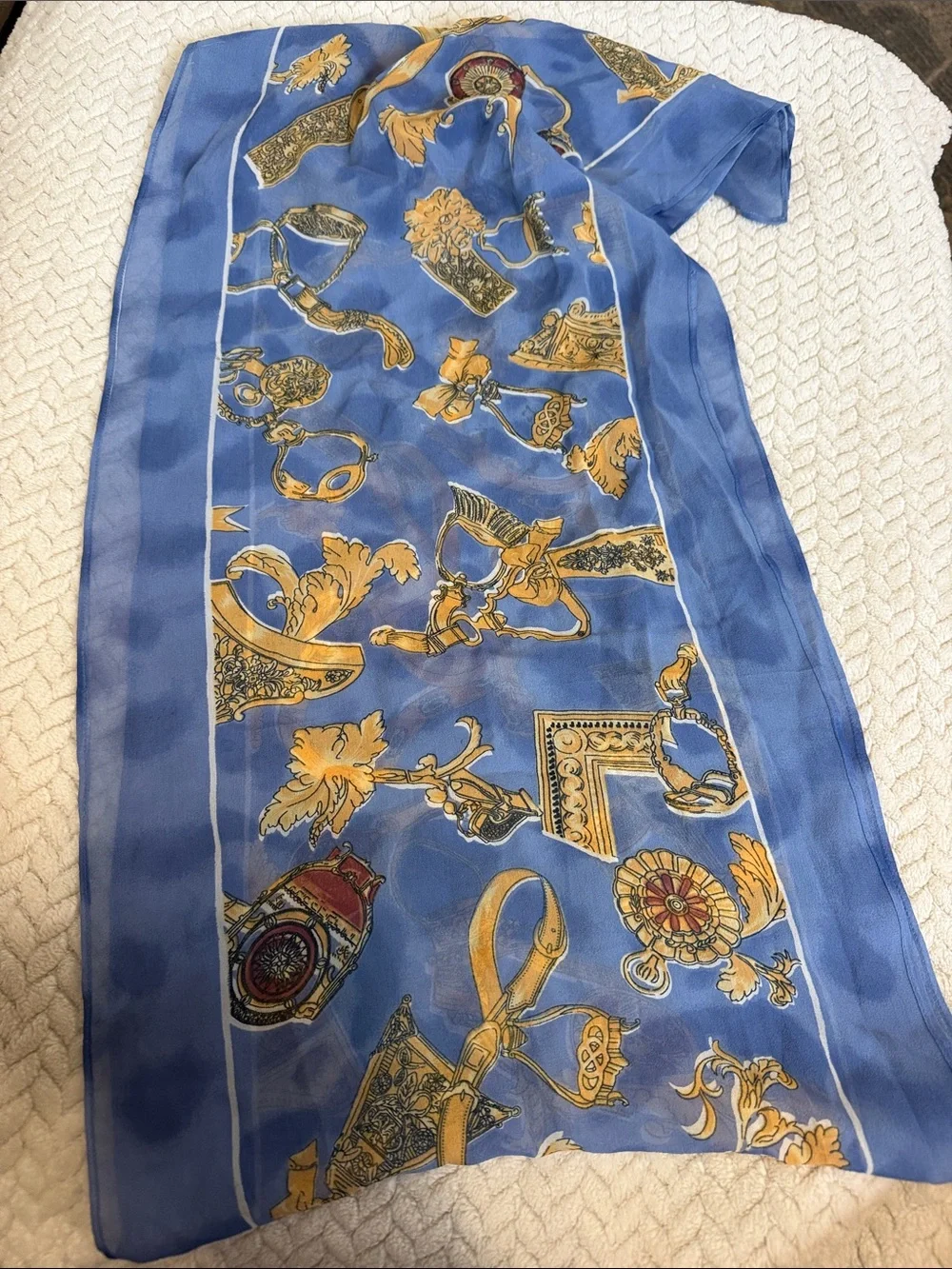 Dennis Basso Blue & Gold Print Silk Scarf